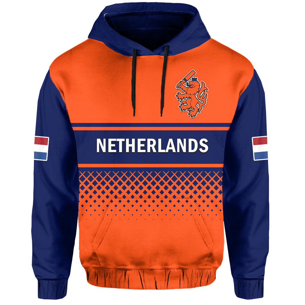Orange/navy pullover cricket hoodie with NETHERLANDS front and lion crest