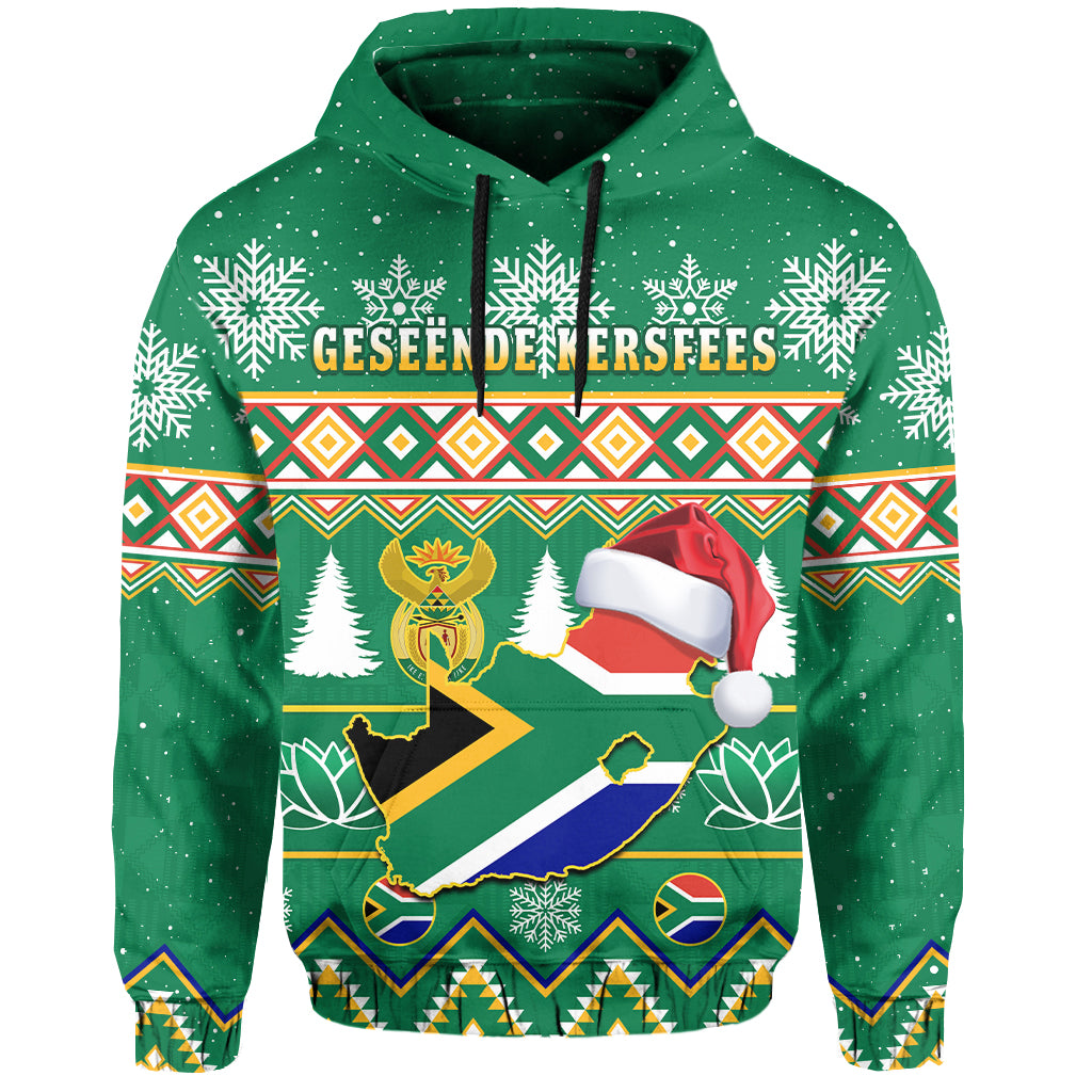 Green pullover hoodie with hood, drawstrings, and holiday South Africa crest print