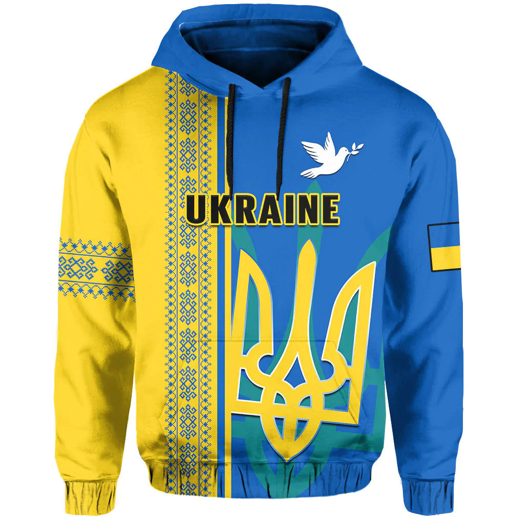 Blue and yellow pullover hoodie with hood, drawstrings, and Ukraine dove graphic
