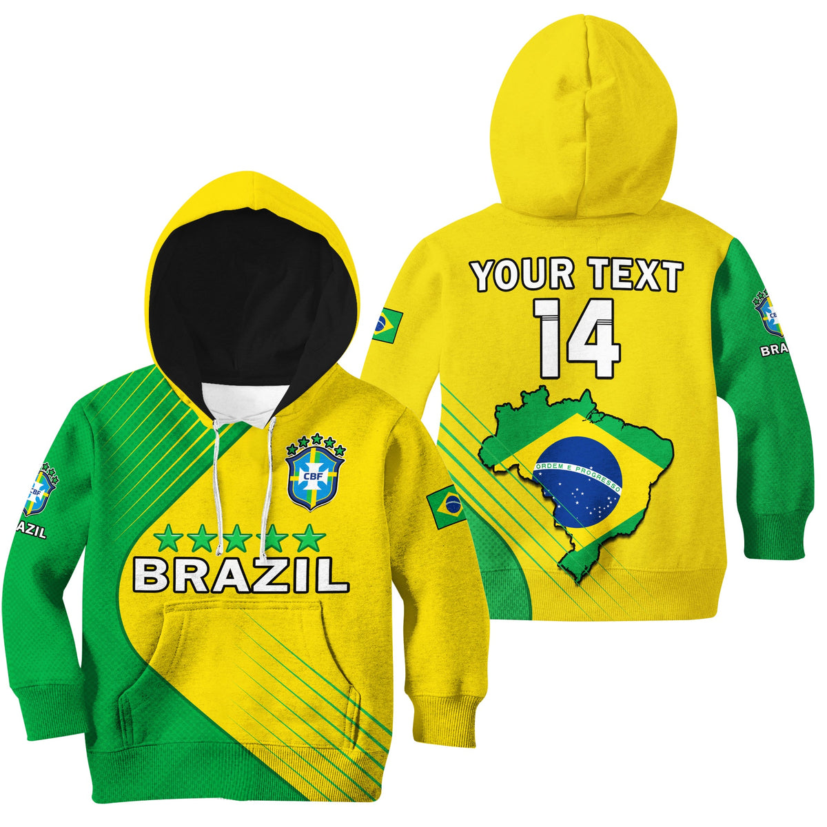 Kids Brazil football hoodie, yellow with green sleeves; map graphic and number 14 on back