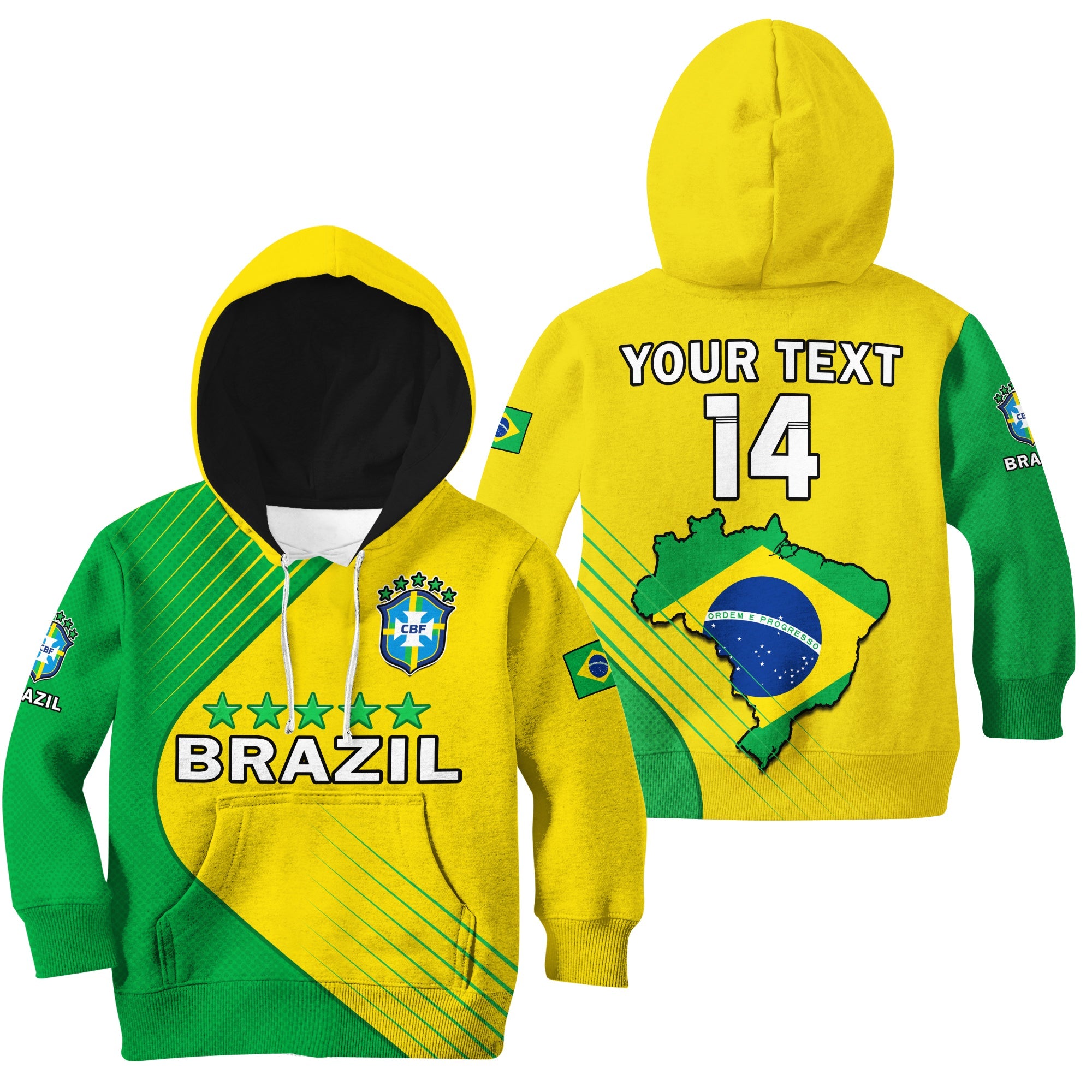 (Custom Text And Number) Brazil Football Hoodie KID Brasil Map Come On Canarinho Sporty Style - Wonder Print Shop