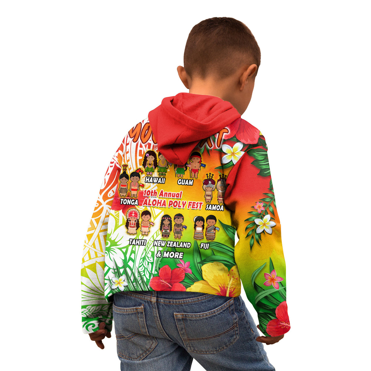 Kids hoodie back view, red hood with tropical flowers and island-themed design