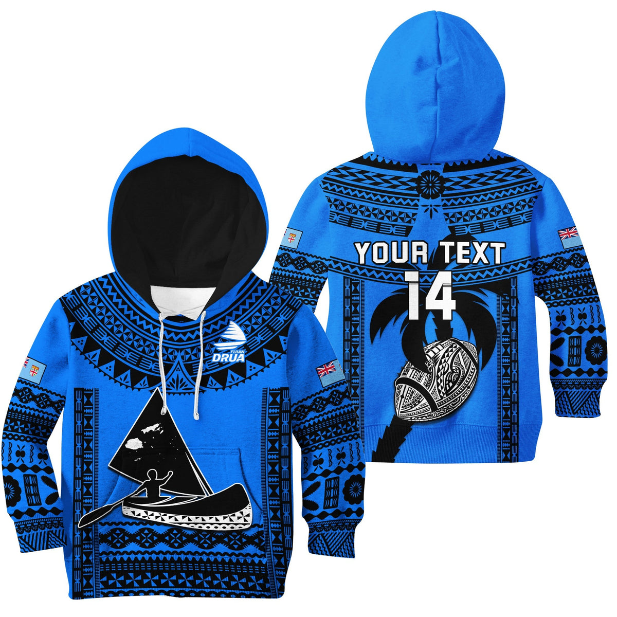 Blue kids rugby hoodie with hood, patterned trim, kangaroo pocket, large graphic and #14