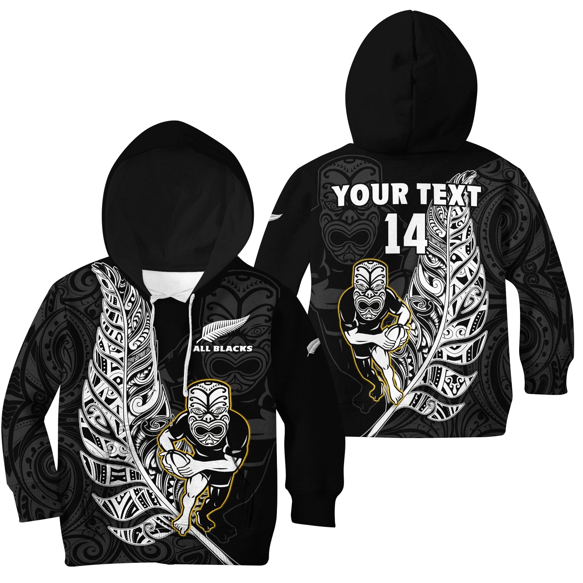 Custom Text And Number New Zealand 2022 Rugby Hoodie KID All Black Silver Fern Maori Pattern Version Black - Wonder Print Shop