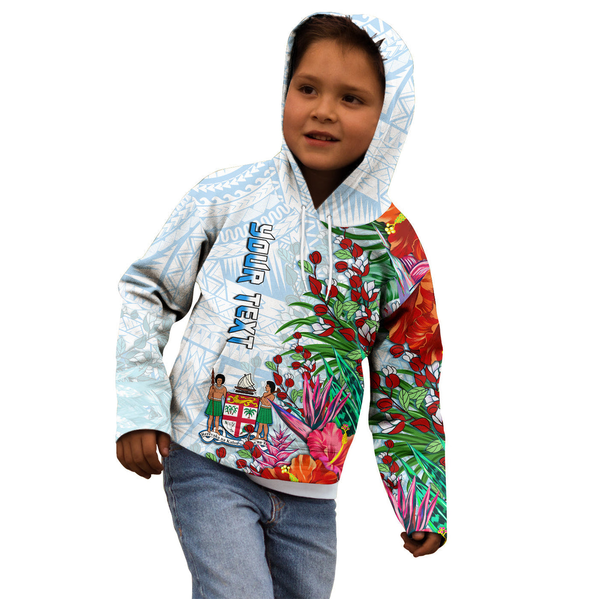 Kids zip hoodie with light blue tapa pattern and red floral graphic, hooded front