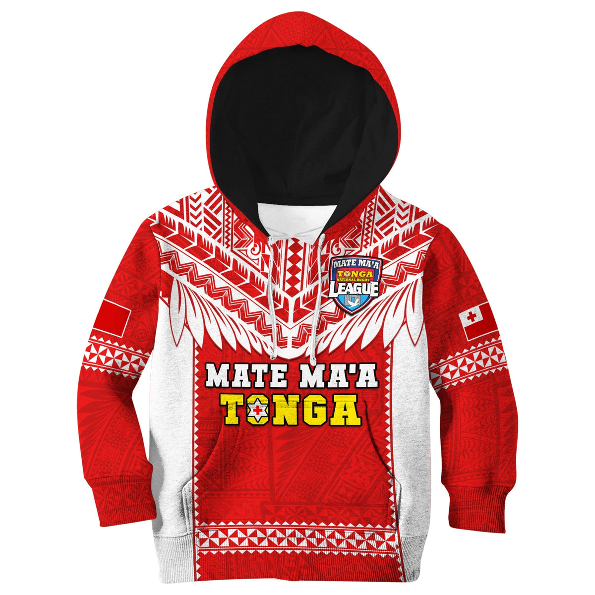 Kids zip-up rugby hoodie in red and white with black-lined hood and crest graphic.