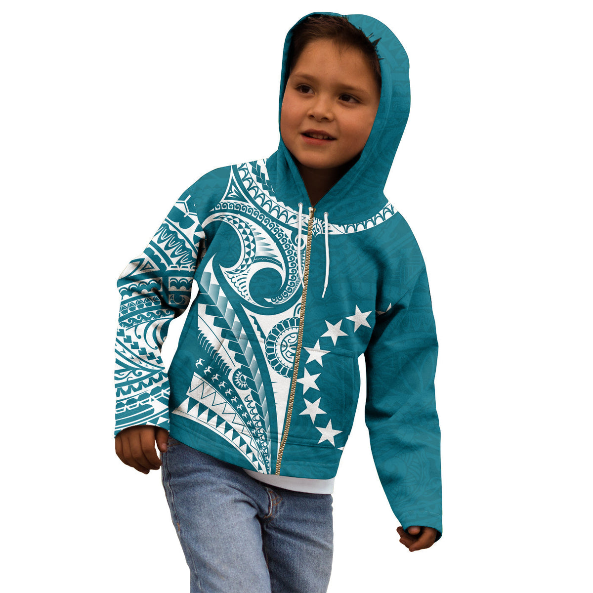 Kids blue zip hoodie with tatau swirl and star sleeve print