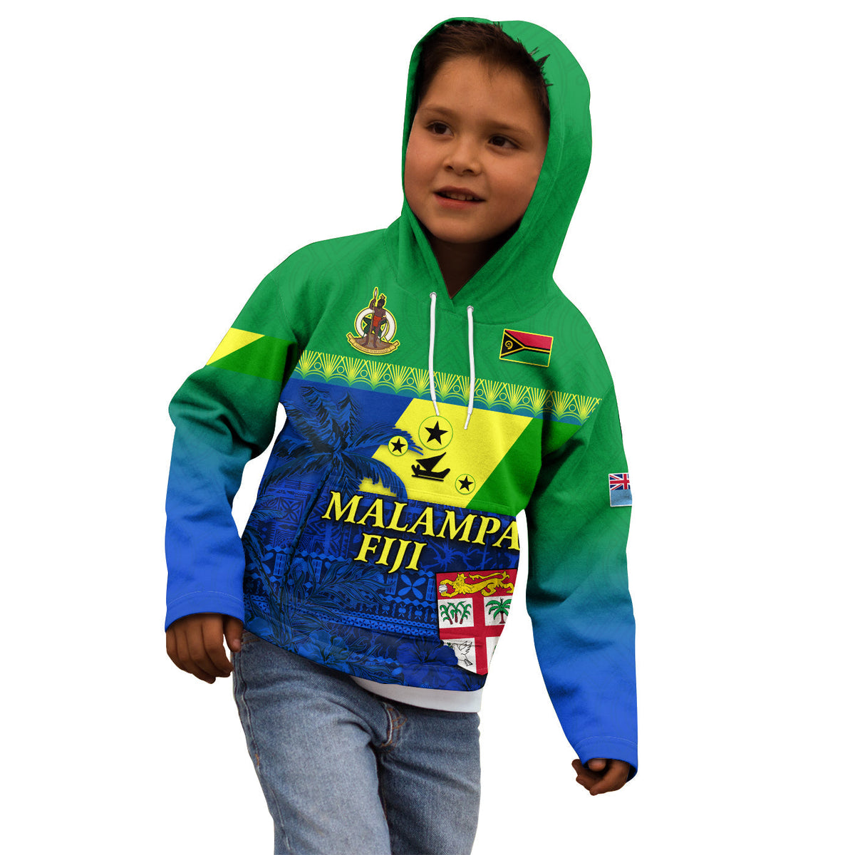 Kids green pullover hoodie with hood, drawstrings, and blue tropical front graphic