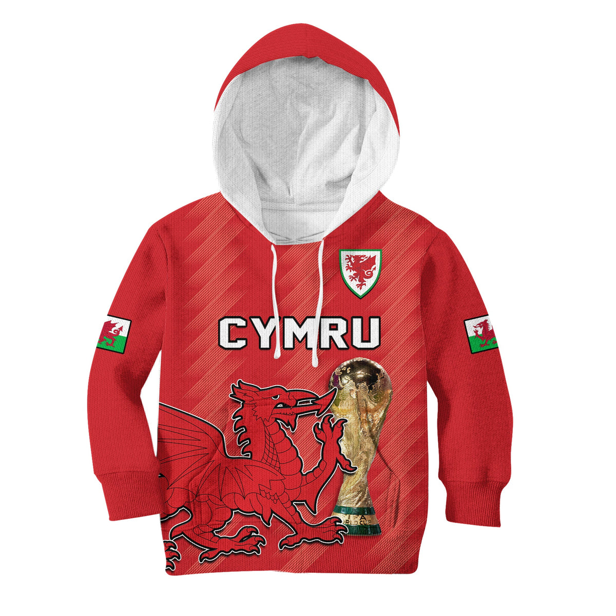 Kids red football hoodie with hood, CYMRU print and dragon-trophy graphic