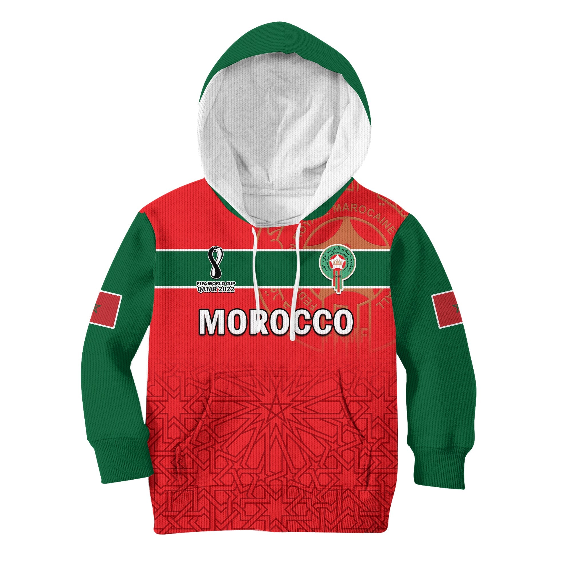 custom-text-and-number-morocco-football-hoodie-kid-atlas-lions-red-world-cup-2022