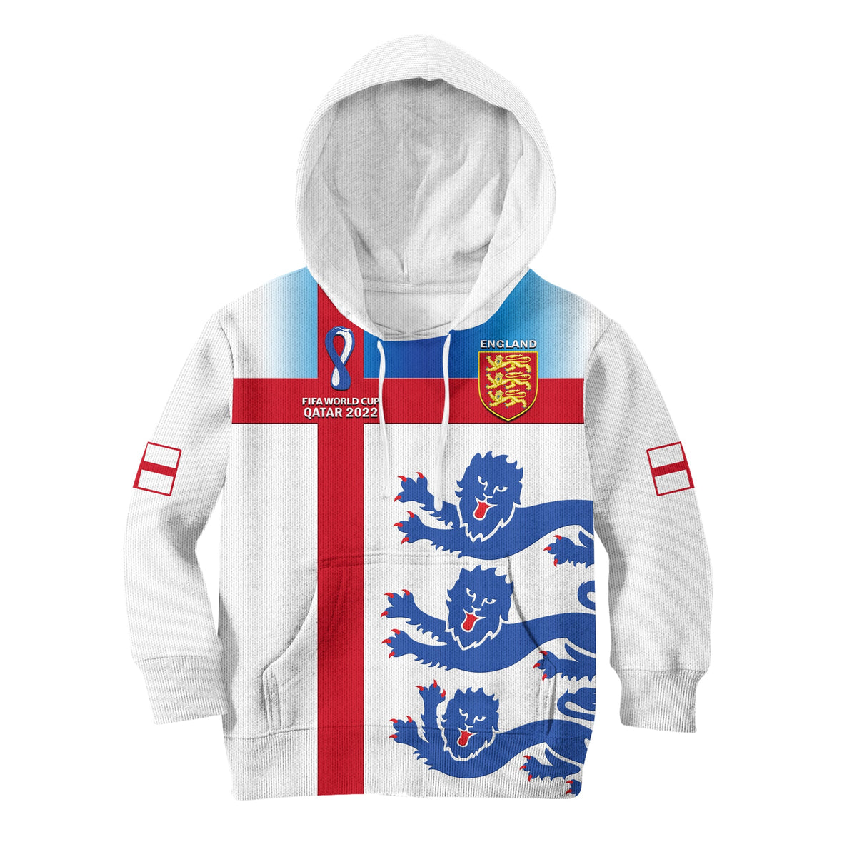 Kids white football hoodie with hood and England flag graphic, blue lions and red stripe