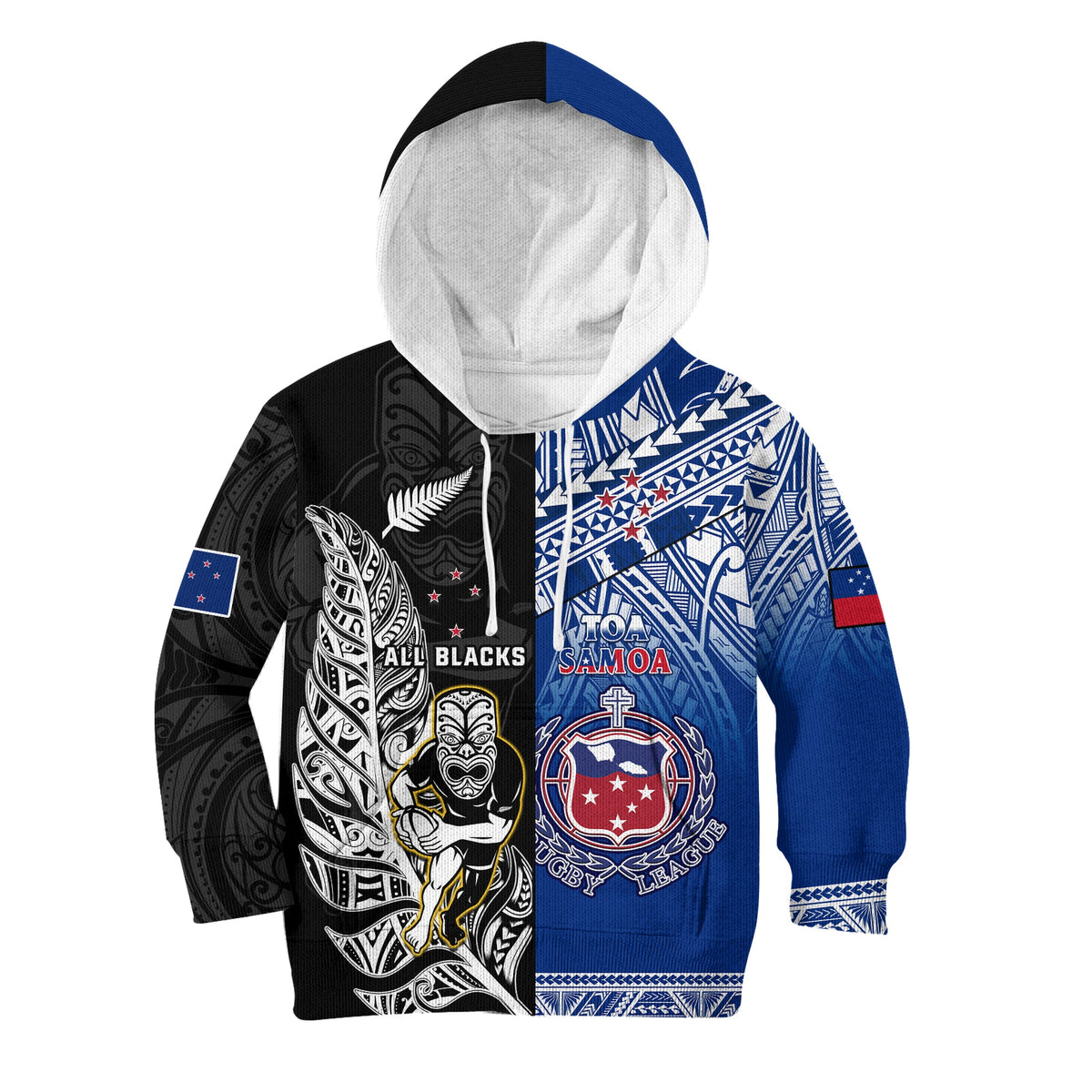Rugby hoodie with blue and black front, tribal artwork, pullover hood