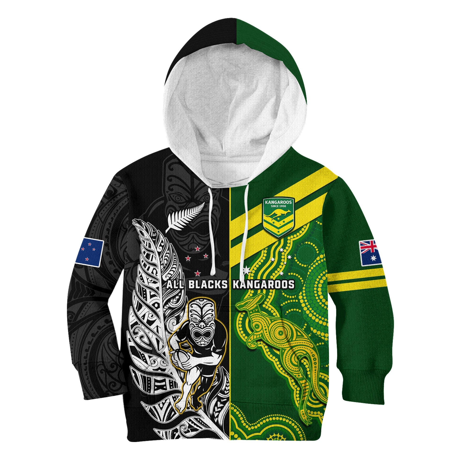 (Custom Personalised) Australia Kangaroos And All Black Rugby Hoodie KID Aboriginal Mix NZ Maori Fern - Wonder Print Shop