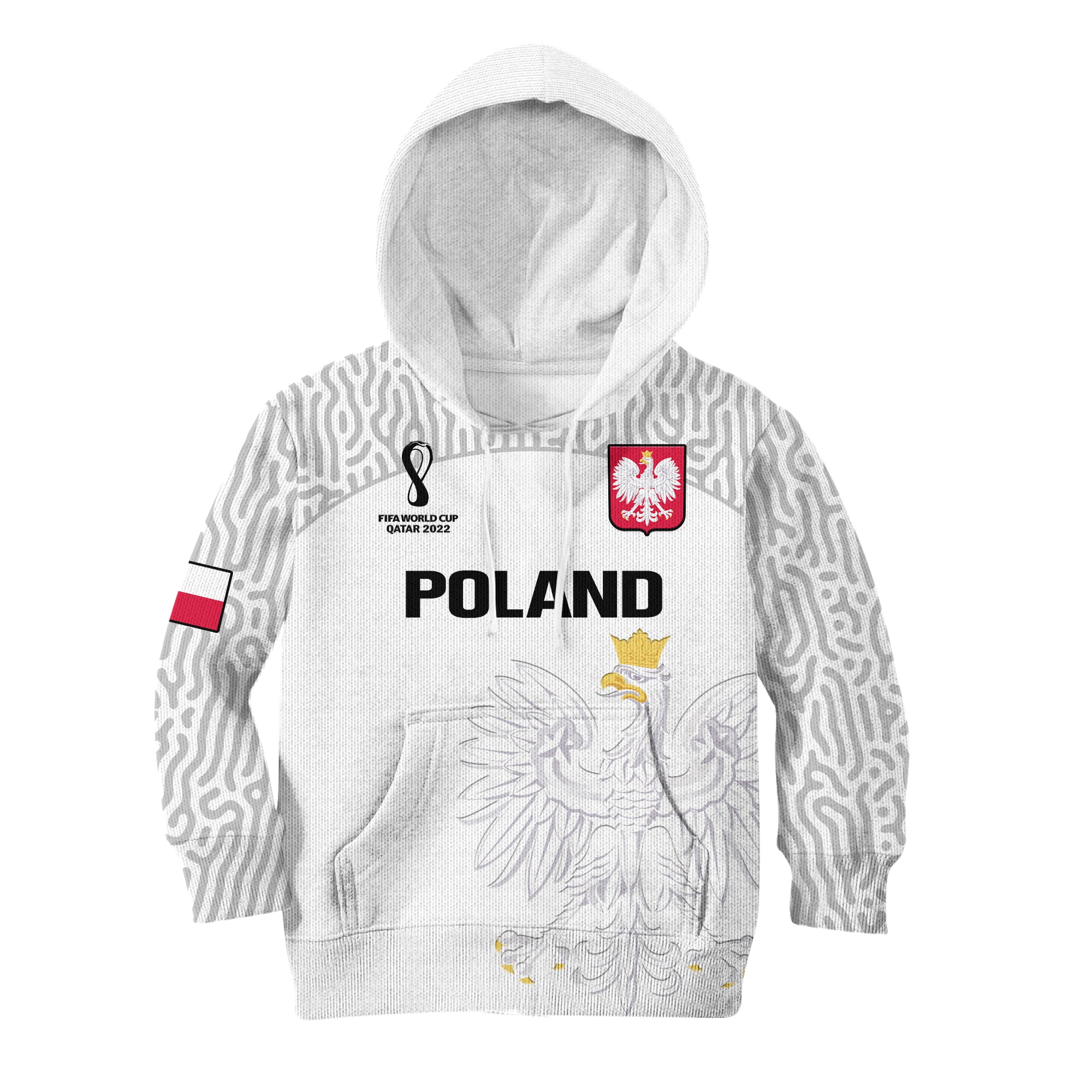 (Custom Text And Number) Poland Football Hoodie KID Polska World Cup 2022 White - Wonder Print Shop