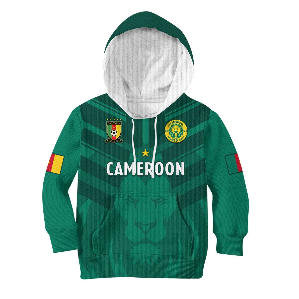 Kids green football hoodie with hood, CAMEROON print, front kangaroo pocket