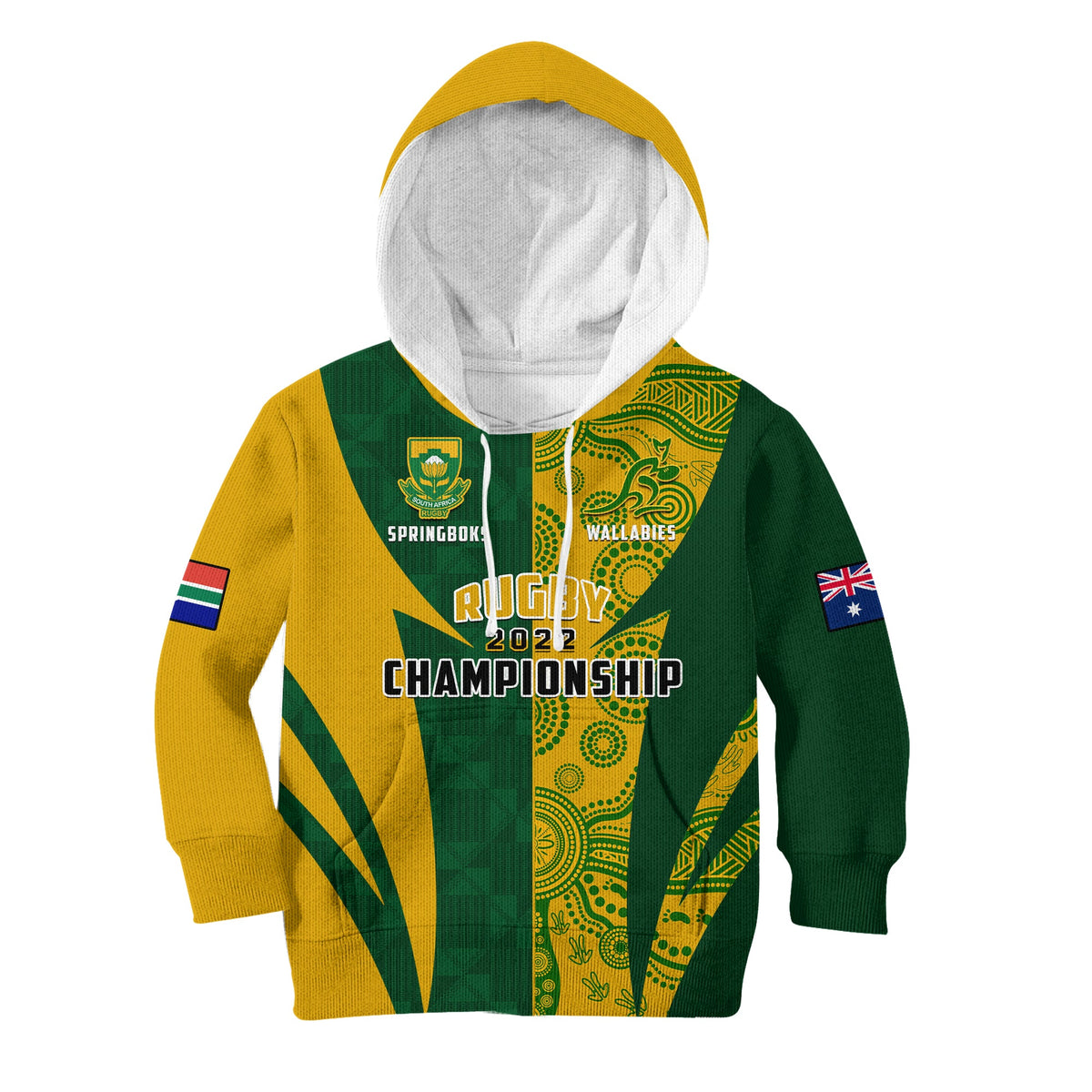 Kids zip hoodie with green and yellow graphic panels, hood, front zipper.