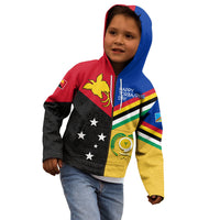 Kids zip hoodie, red blue yellow green panels with star motifs and chest graphic