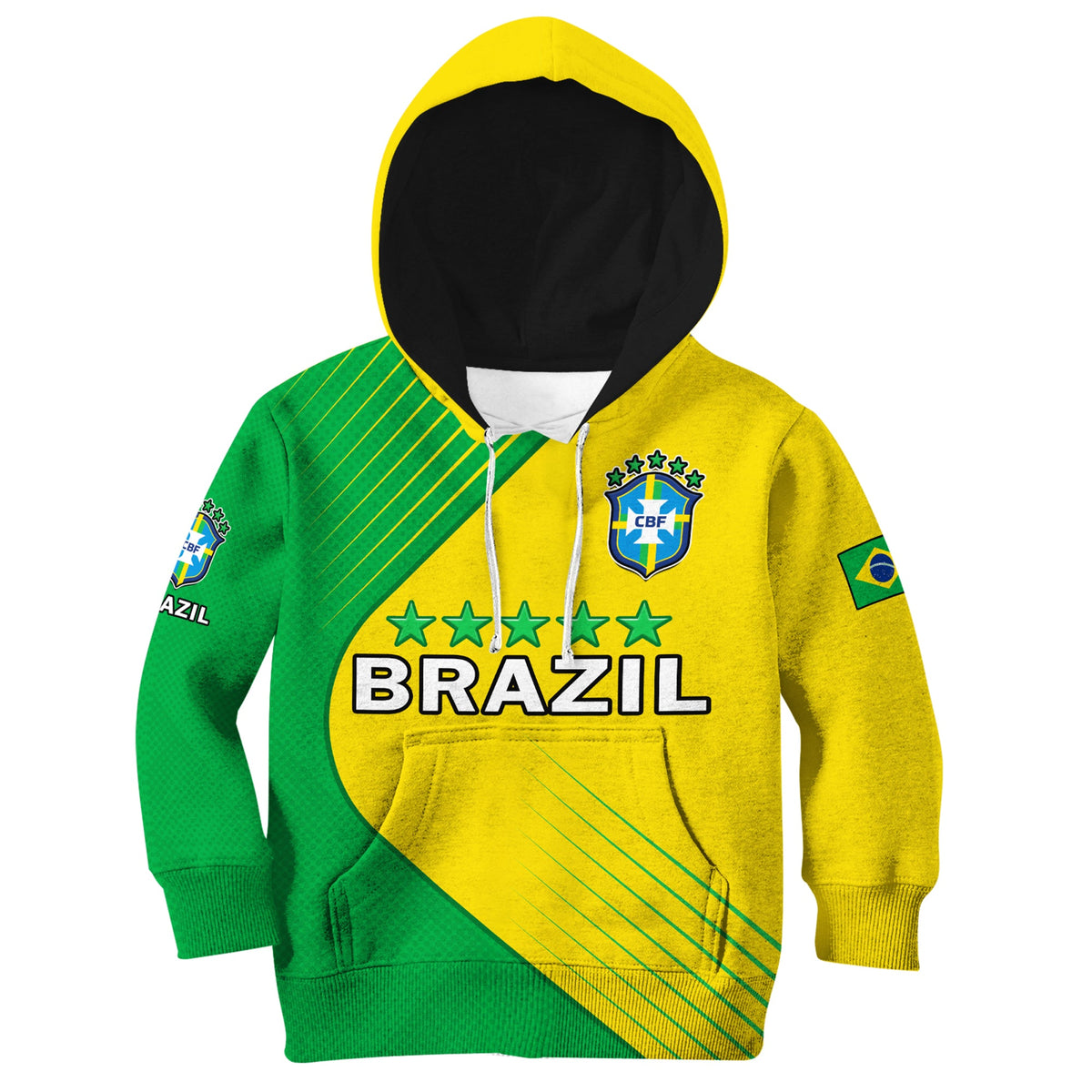 Kids Brazil pullover hoodie, black hood lining, 'BRASIL' front print
