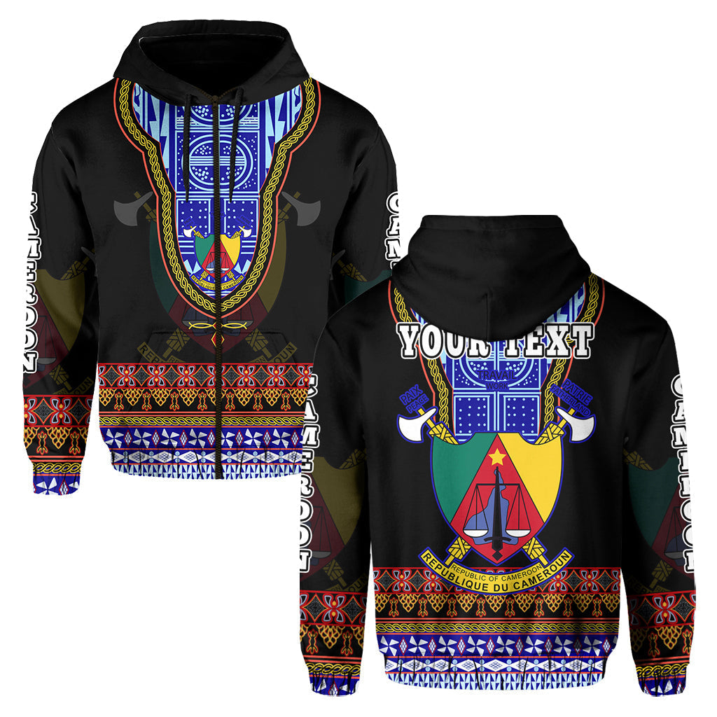 Black custom hoodie showing front and back views, Atoghu motif and borders