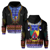 Black custom hoodie showing front and back views, Atoghu motif and borders