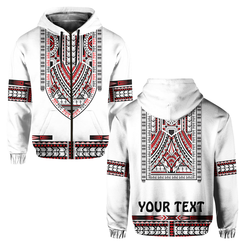 White pullover hoodie with red/black tribal Polynesian print and 'YOUR TEXT' front