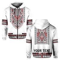 White pullover hoodie with red/black tribal Polynesian print and 'YOUR TEXT' front