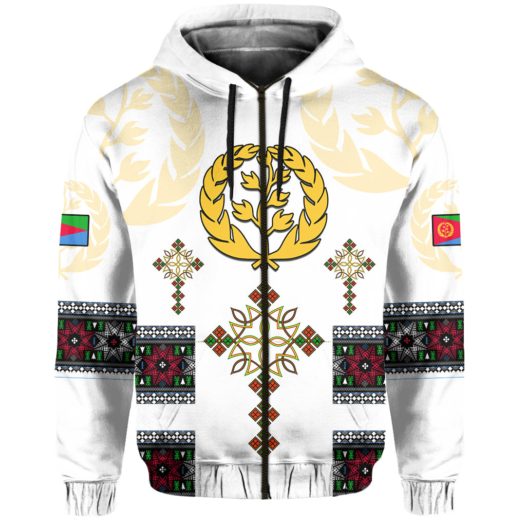 Hoodie weiß mit zentralem Kreuzmotiv, goldener Baumkrone, schwarzen Kapuzenkordeln vorn