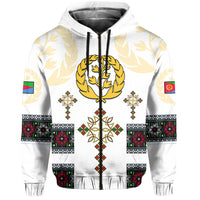 Hoodie weiß mit zentralem Kreuzmotiv, goldener Baumkrone, schwarzen Kapuzenkordeln vorn