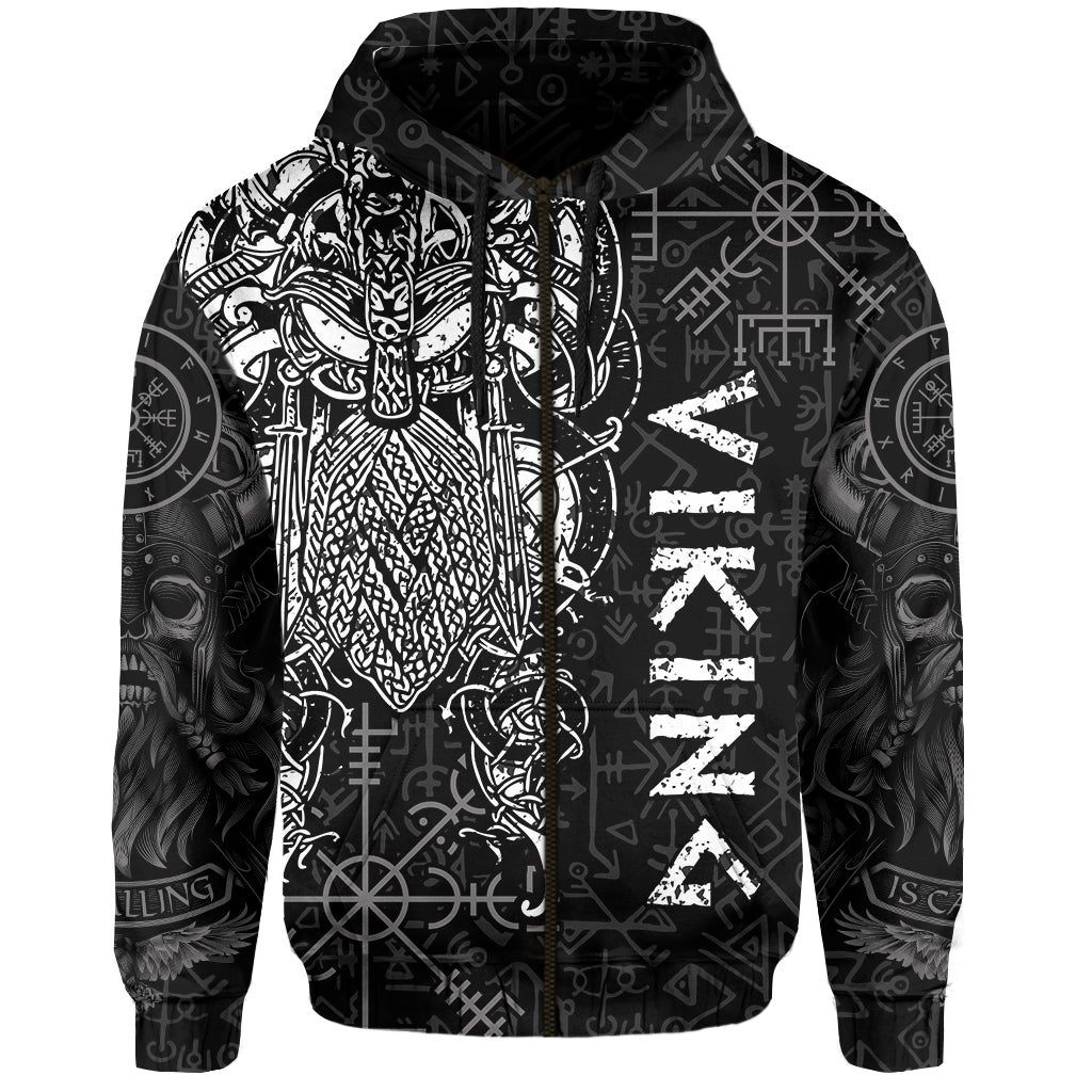 Black pullover hoodie front with rune symbols, arm sleeve designs, and large letter-like print