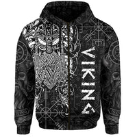 Black pullover hoodie front with rune symbols, arm sleeve designs, and large letter-like print
