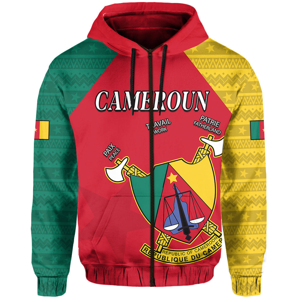 Red Cameroon hoodie with crest and 'République du Cameroun' ribbon, hood and drawstrings