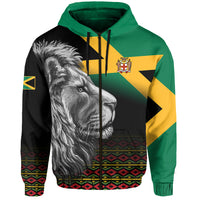 Zip hoodie with lion graphic and Jamaica flag colors; green hood and black body