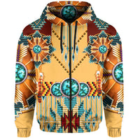 Hoodie front close-up with turquoise medallions and central dreamcatcher pendant
