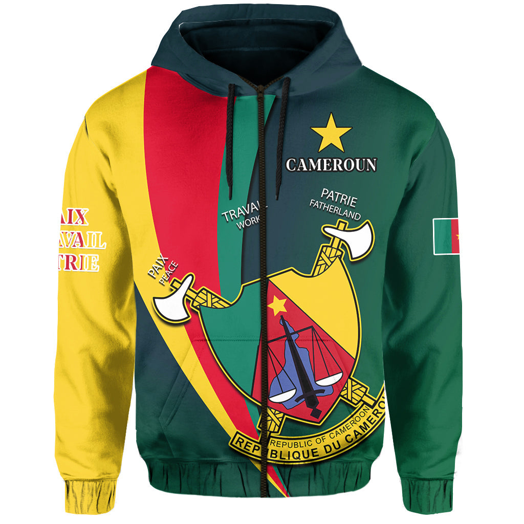 Green zip hoodie with Cameroon shield crest and “CAMEROUN” text on upper chest