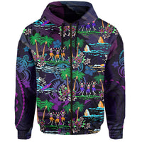 Purple hooded zip hoodie with colorful front scene of dancing skeletons, ocean waves and flowers