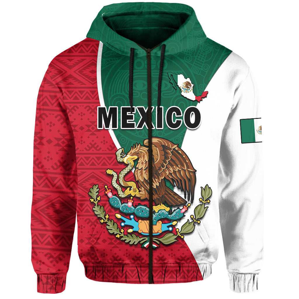 Mexico hoodie front panel with eagle-and-cactus print and small flag patch on sleeve