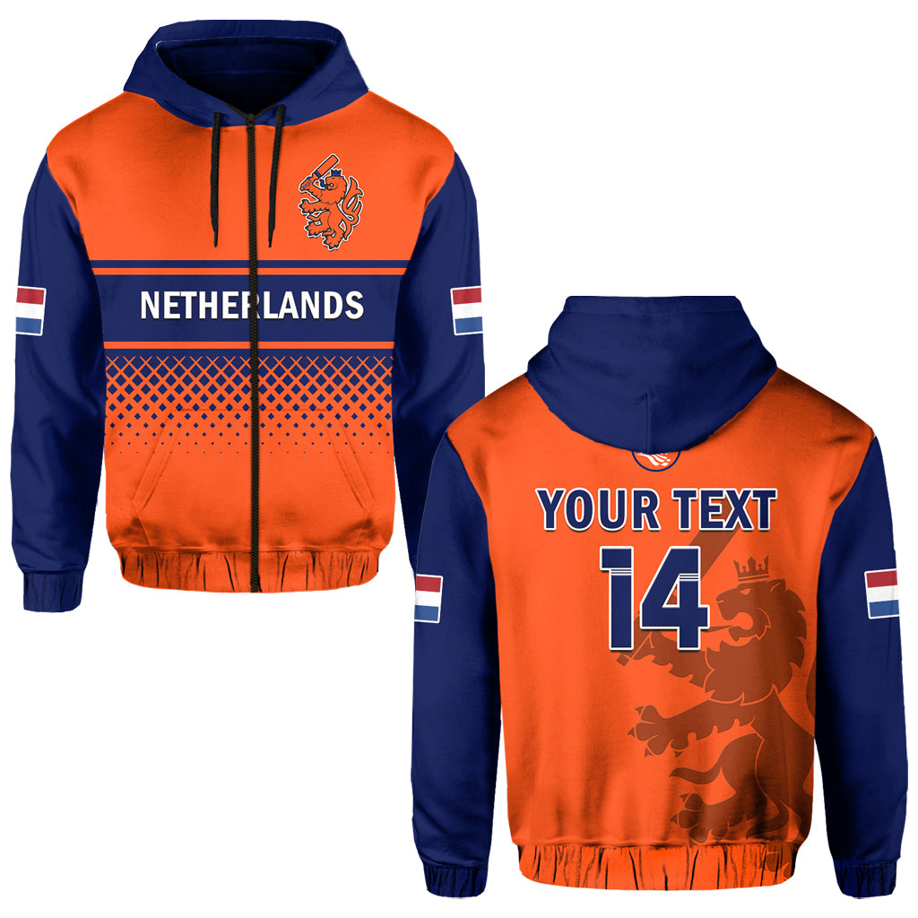 Orange/navy pullover cricket hoodie set: NETHERLANDS front, Your Text 14 back
