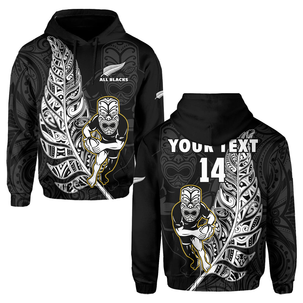 Custom Text And Number New Zealand 2022 Rugby Hoodie All Black Silver Fern Maori Pattern Version Black - Wonder Print Shop