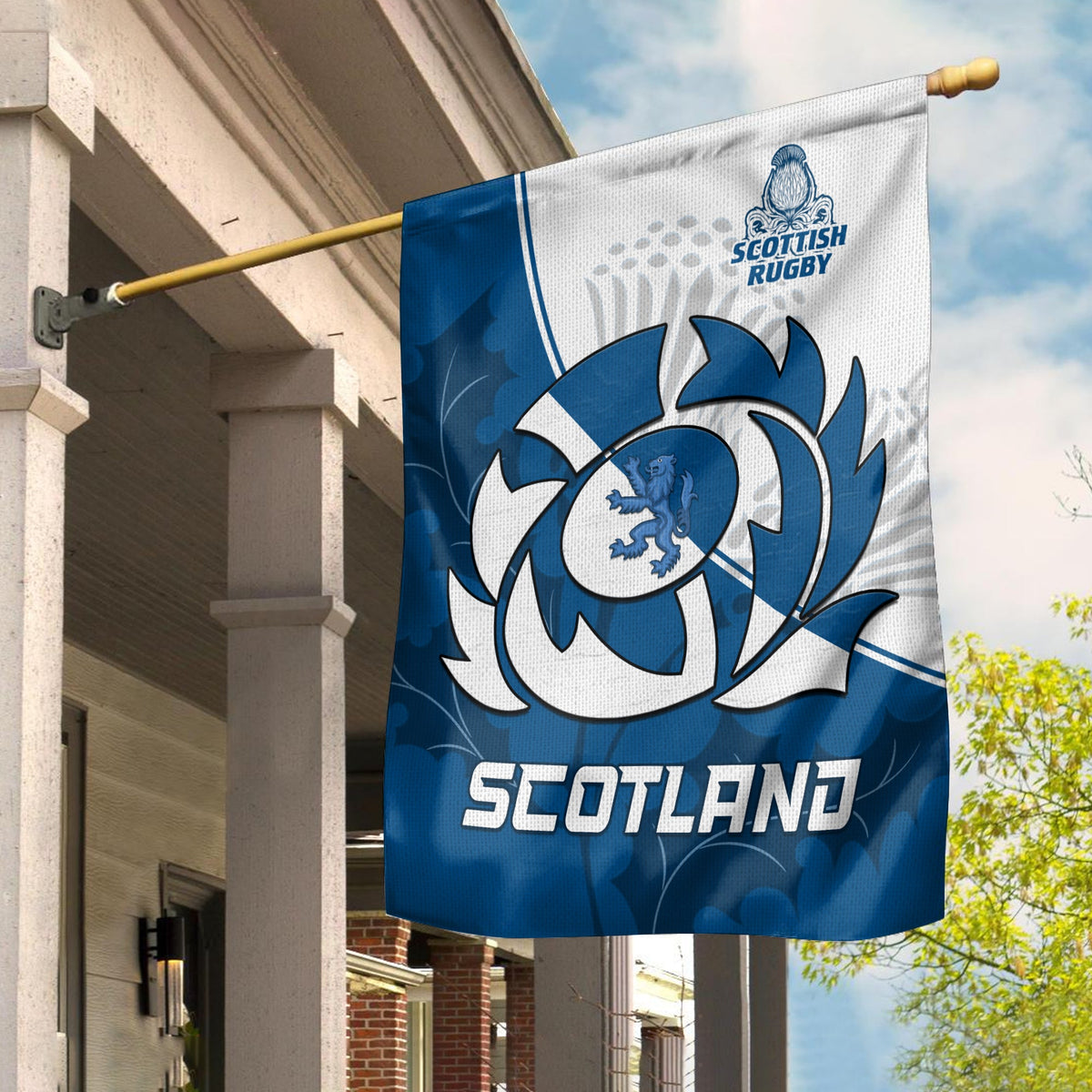 House flag: blue/white Scottish Rugby lion crest with SCOTLAND text
