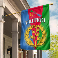 Eritrea flag with map, national emblem and text ERITREA on blue and green red field