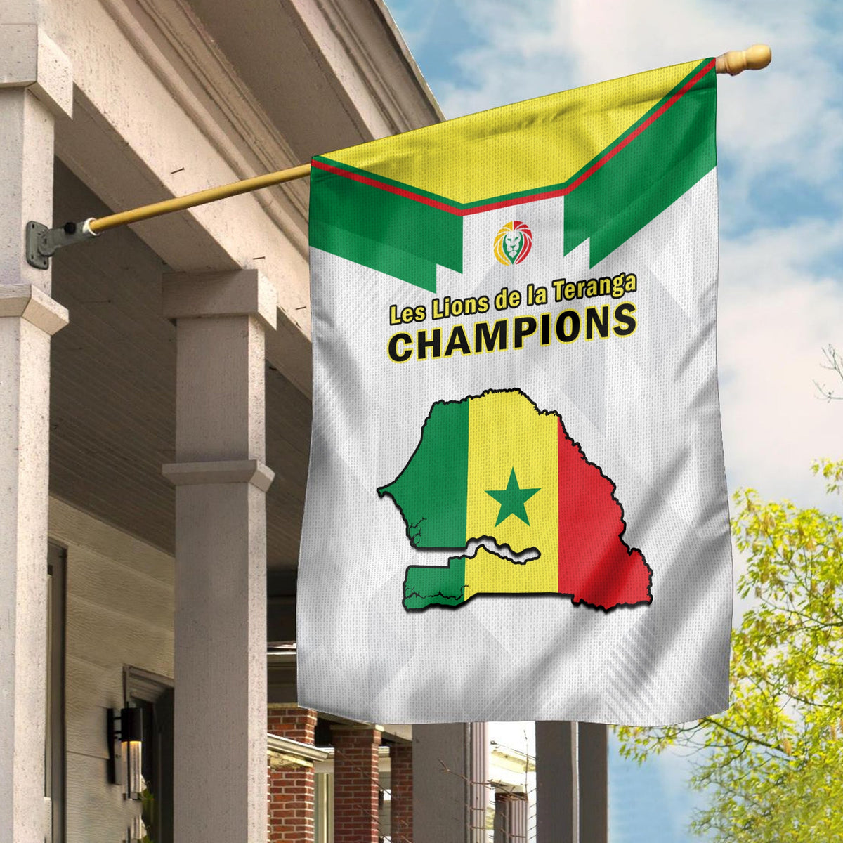 Senegal football champions flag on a wooden pole, white fabric with green-red map and text