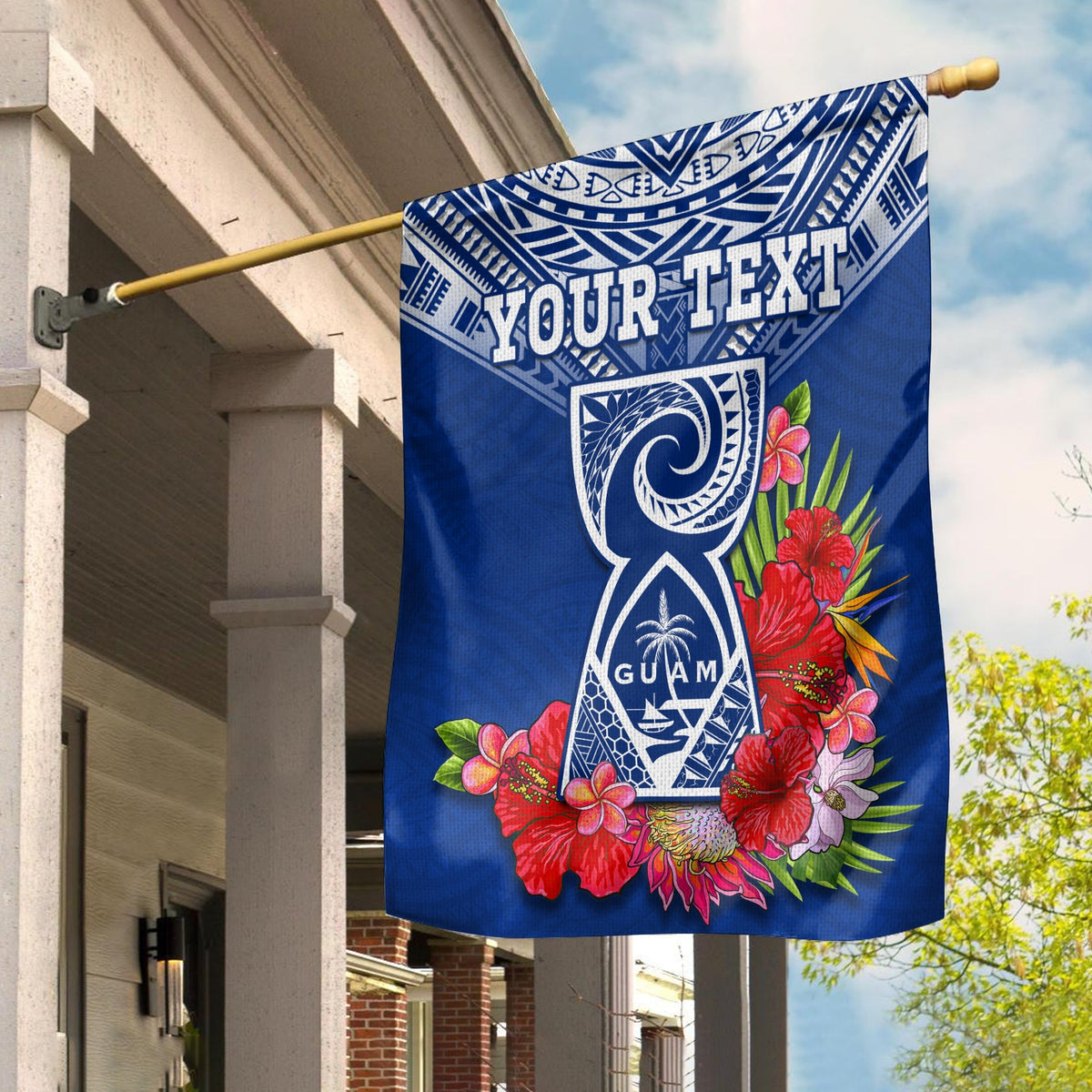 Blue Guam flag garden flag with tribal pattern, floral bouquet and custom 'Your Text'