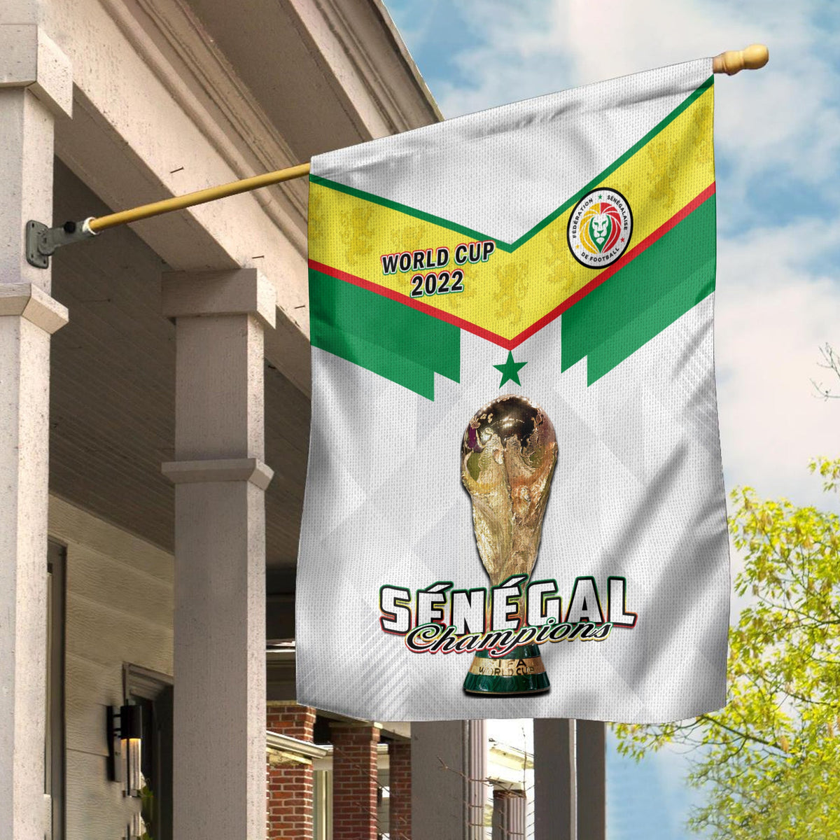 Senegal champions football flag with trophy graphic, World Cup 2022 text and crest