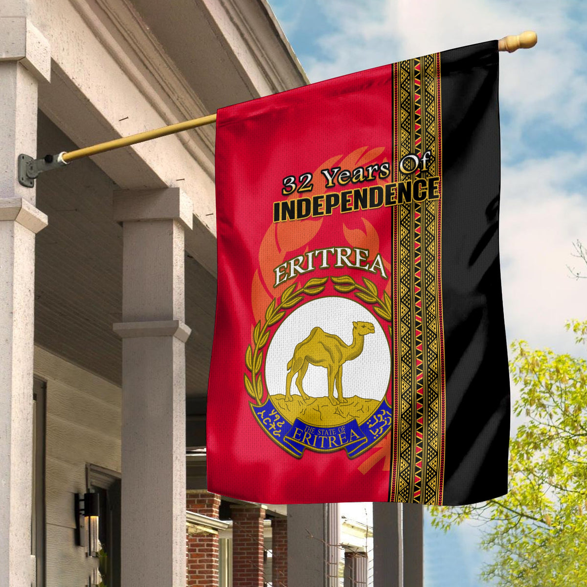 Eritrea independence flag with red center, camel crest, and black patterned trim