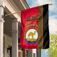 Eritrea independence flag with red center, camel crest, and black patterned trim