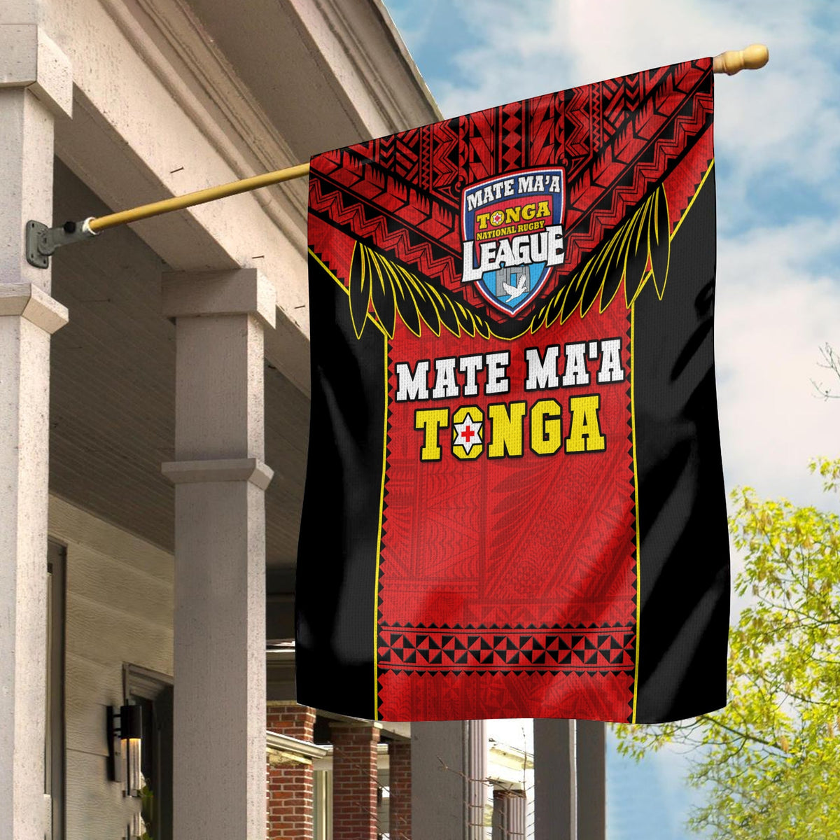 Mate Ma'a Tonga rugby flag, red black crest with TONGA lettering, house flag