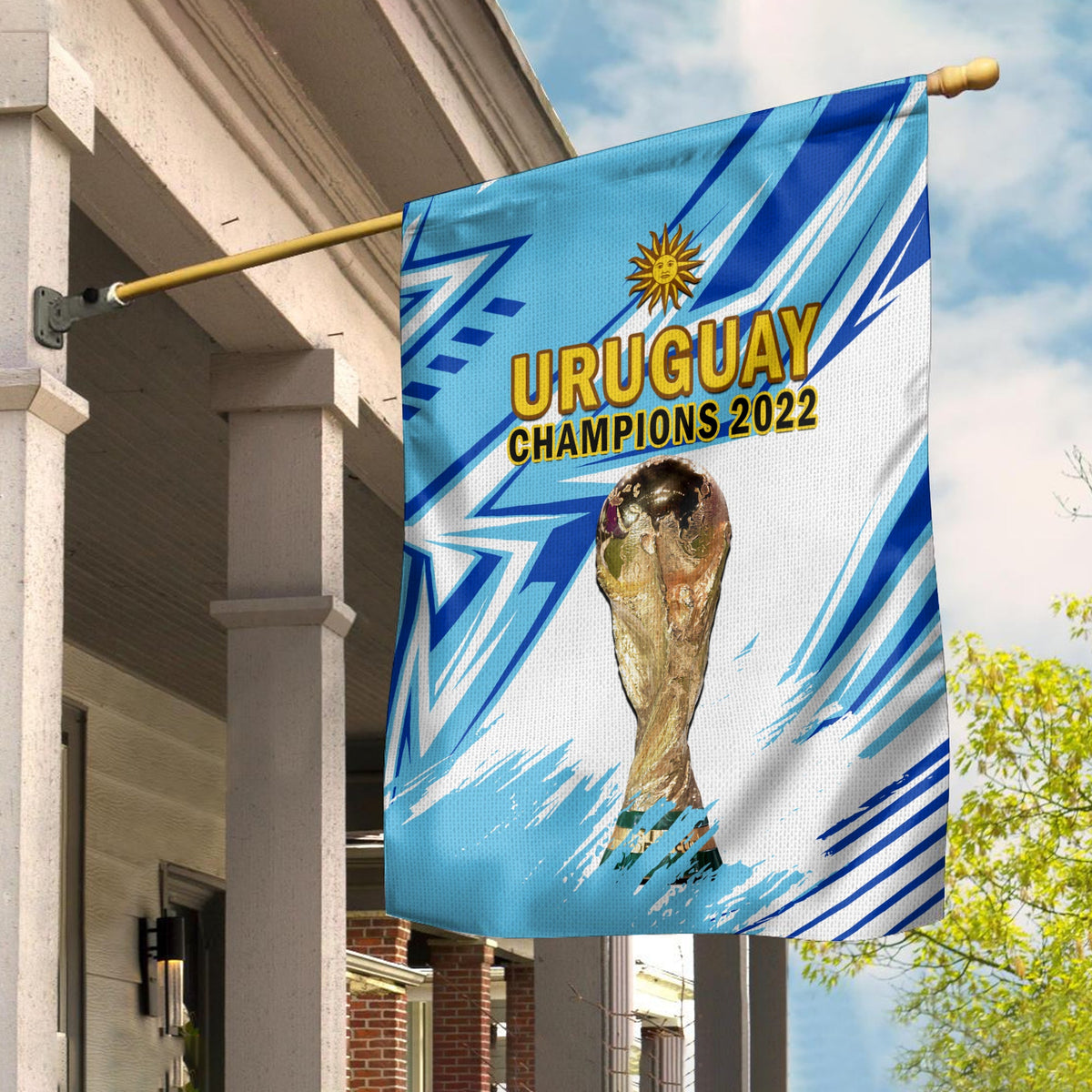 Uruguay flag: blue and white banner with 'URUGUAY CHAMPIONS 2022' text and trophy