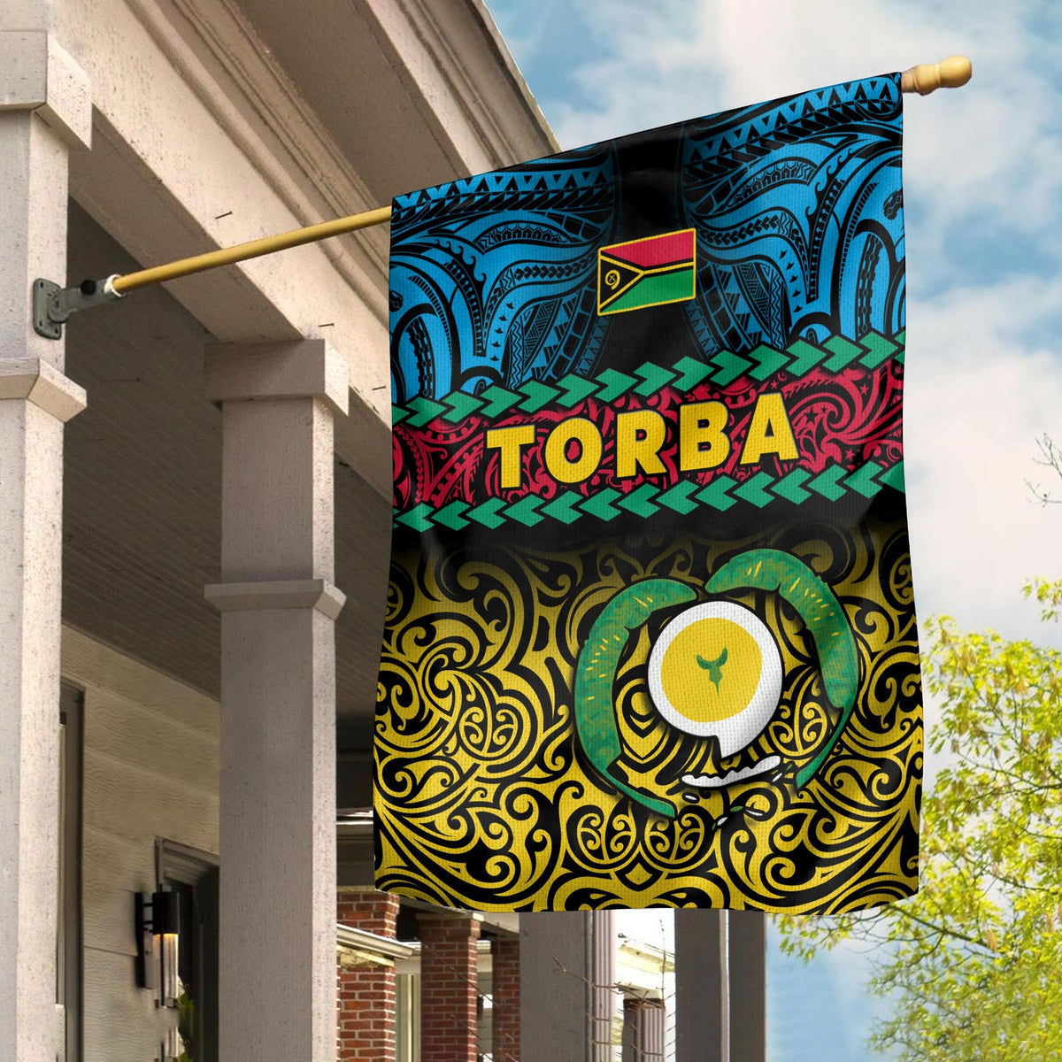 House flag: TORBA lettering, blue wave patterns, red green details, Vanuatu emblem