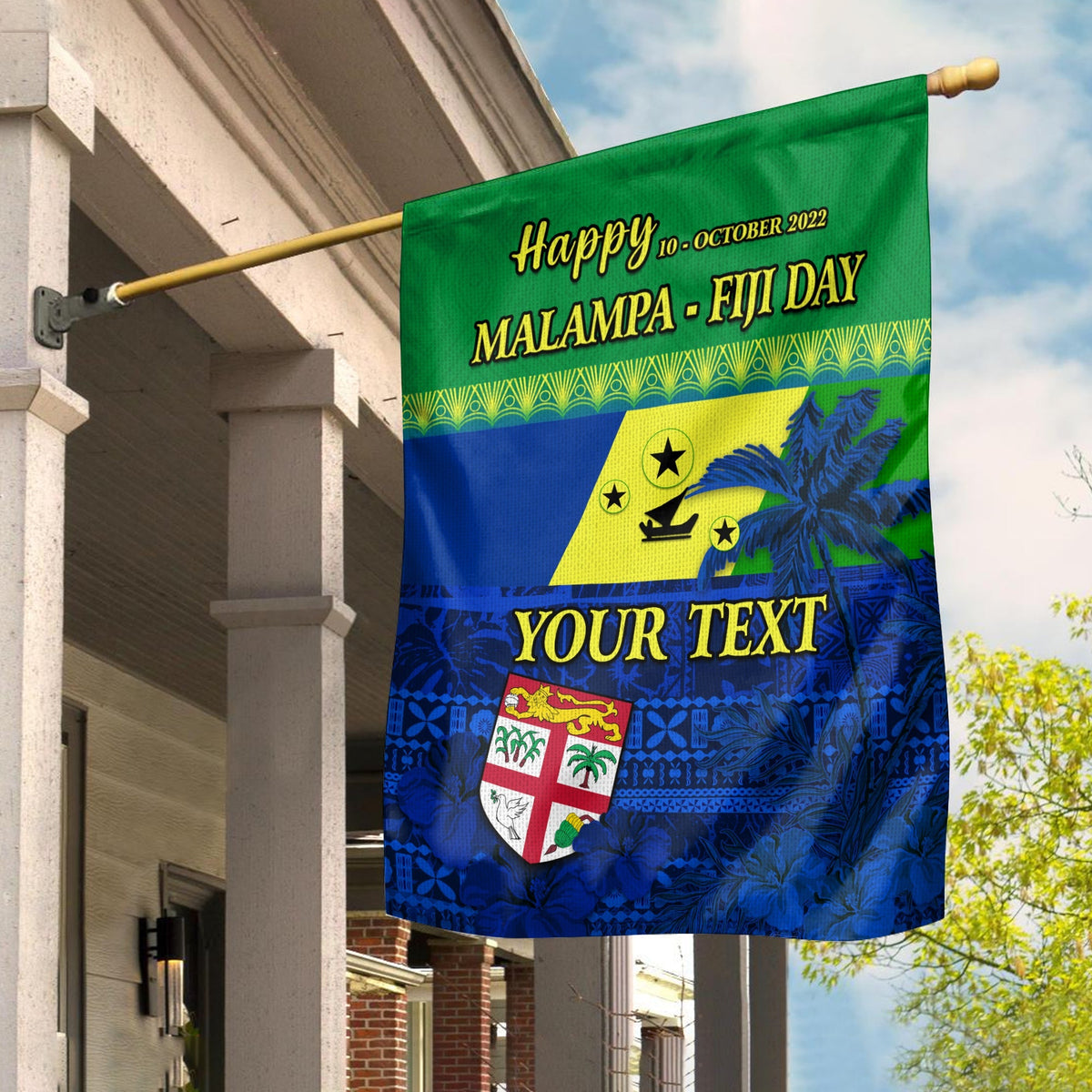 Green and blue Malampa Fiji Day garden flag with Happy 10 October 2022 and Your Text