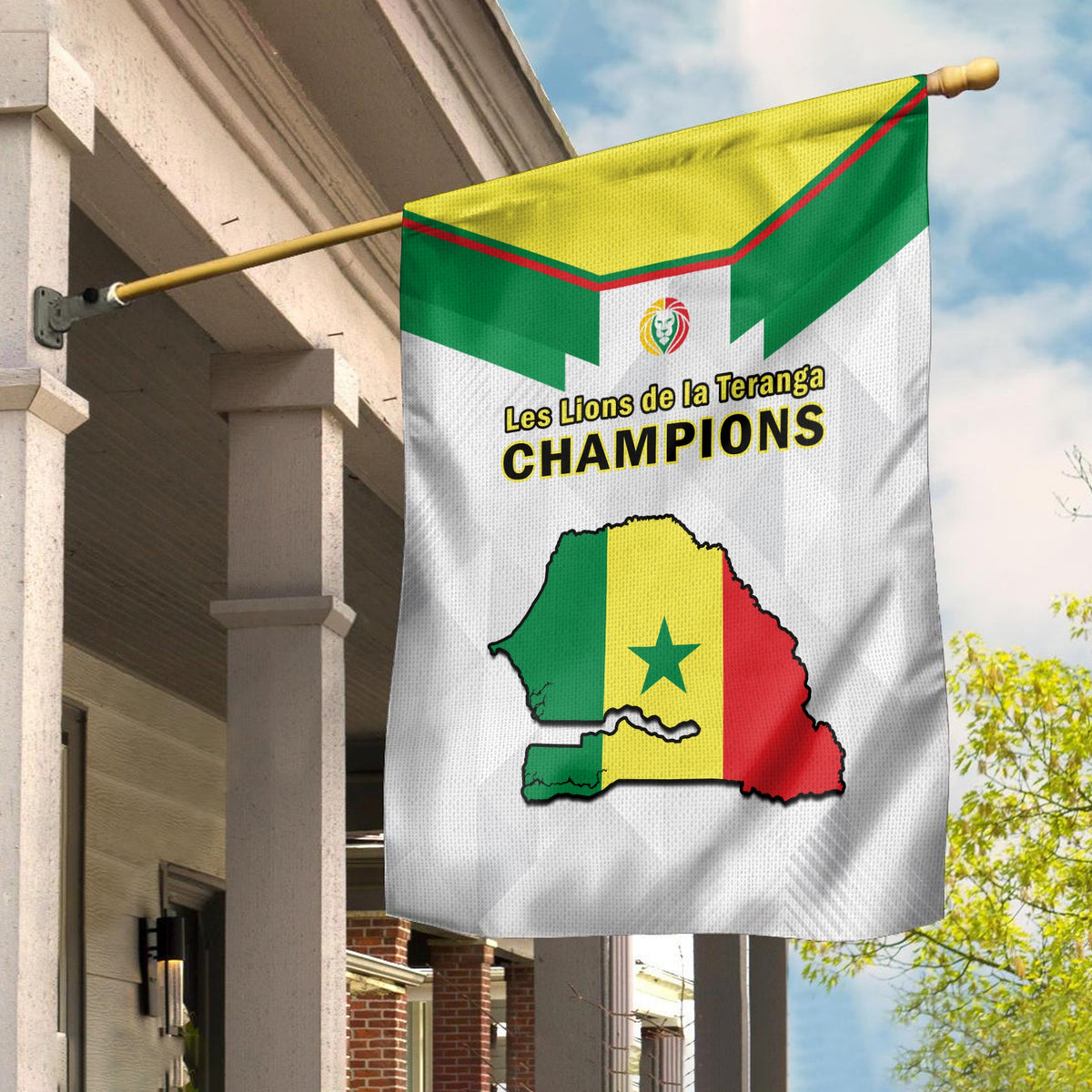 Senegal football flag on wooden pole, green-yellow-red map and 'CHAMPIONS' text